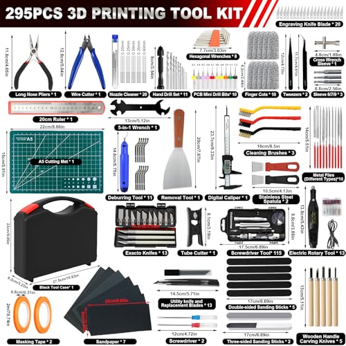 295 PCS 3D Printing Tool Kit, 3D Printing Accessories with Nozzle Cleaning Kit,Deburring Tool,Screwdriver Set,Digital Caliper,Smoothing Tools,3D Printer Tools for Model Removing Finishing 3D Print - color: 295PCS