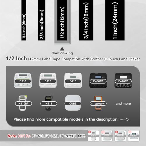 5-PK TZe-335 Replace for Brother Label Maker Tape Black 12mm 0.47 Laminated - color: White Ink on Black Tape, size: 1/2 inch 26.2 feet (12mm x 8m)