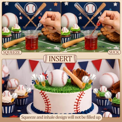 Glenmal 48 Sets 4ml Baseball Cupcakes Pipettes, Plastic Pipettes Dropper for Cupcakes Disposable Mini Flavor Liquor Infuser Squeeze Dropper for Sports Baseball Theme Cupcake Ice Cream Decoration - style: Baseball