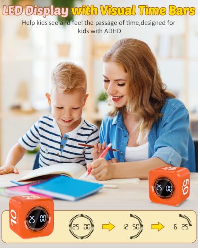 Digital Pomodoro Timer Cube 5/10/25/50min Preset, Silent & Sound Alarm - color: Orange