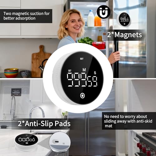 Digital Kitchen Timer, Magnetic Visual Countdown Countup Timer with Large LED Display, Adjustable Volume, Easy for Seniors and Kids, for Cooking, Classroom, Fitness, Study (2 * White) - color: 2 * White