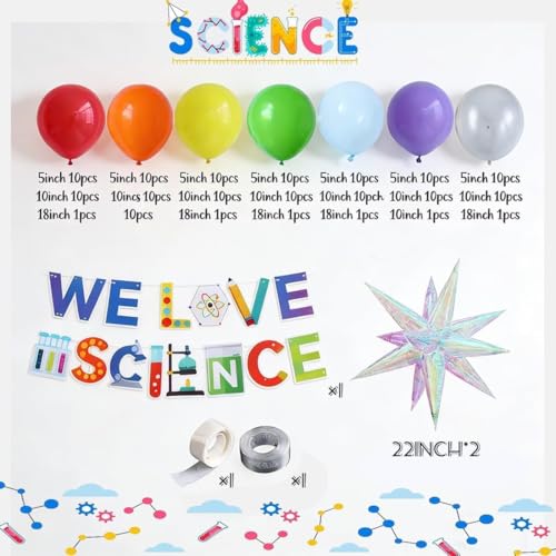 150PCS Science Party Decorations, Banner, Rainbow Balloon Arch Garland Kit for Lab Week, Mad Science Fun, Scientist Students Schoool Educational Theme Decoration, Happy Pi Day Birthday Party
