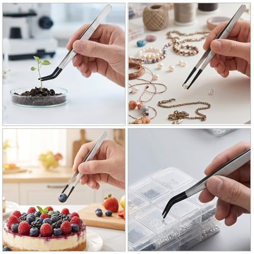 6pcs Rubber Tipped Tweezers, Long Tweezers Bent Pointed Tipped Hobby Tweezer Flat Straight Tip Tweezers for Crafts Beads Jewelry Making Stamps Succulents Pet (Black,Silver) - color: Black