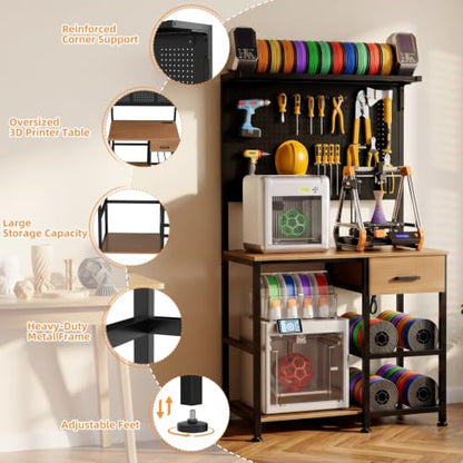 3D Printer Stand with Filament Storage Workstation and Drawer - color: Black+Brown