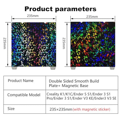 K1 K1C Smooth Build Plate with Magnetic Sticker Base (Rainbow Confetti PEF+Galaxy PEY),3D Printer Platform for Creality K1/ K1C/Ender-3 S1/Ender 5 S1/Ender 3 S1 Pro/Ender V3 KE/Ender3 V3 SE - color: Rainbow Confetti PEF+Galaxy PEY