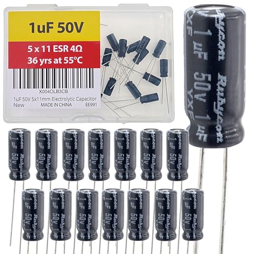 1uF 50V 5x11mm Rubycon Electrolytic Capacitor Low ESR 4Ω Long Life 36yrs at 55 Degree C mfd mircofarad Micro Farad C Radial Lead Aluminum Capacitors (Pack of 15) - style: 1uF 50V 5x11mm Rubycon