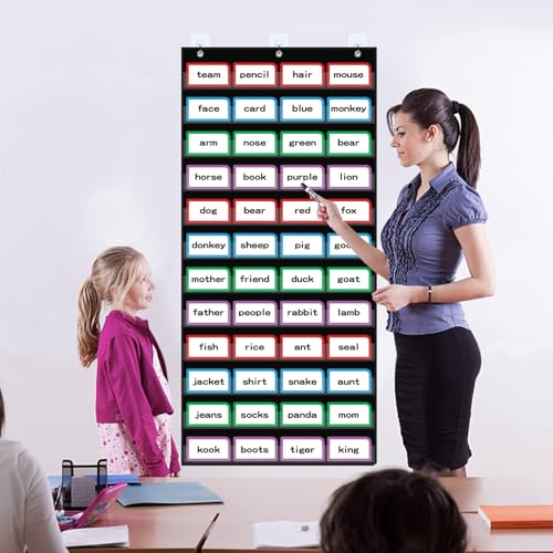 ANCOMEDO 20”W x 48.25”H Classroom Words Pocket Chart with 12 Clear Pockets, Black Standard Pocket Chart for Classroom and Home for Sentence Strips, Reusable Clear Pocket Hanging Words Chart (Black) - size: 20Wx48.25H