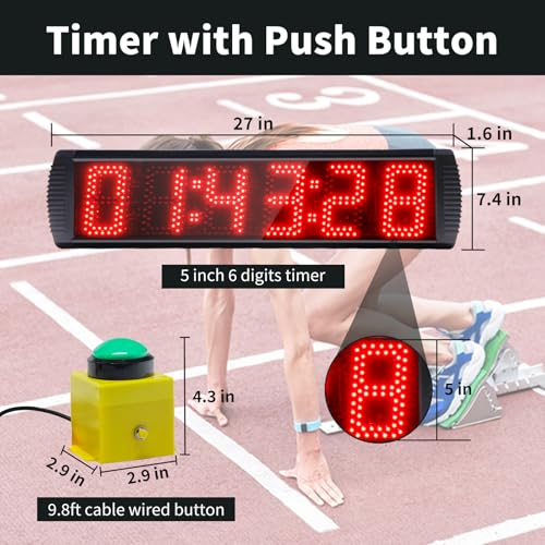 5 Inch 6-Digit LED Race Timer, Running Event Gym Timer for Countdown/Count Up, 12/24 Hour Real Time, Stopwatch with Remote Control, Portable Large Wall Clock（Button） - style: button