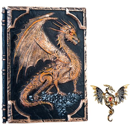 Handmade Flying Dragon Embossed Journal,Resin Engraving Notebook,Lined Paper,Hardcover Travel Notepad for Writing,Sketchbook,Collection,Gift,Decoration Diary for Man Woman A5 Size (Gold with Brooch) - color: Gold with Brooch