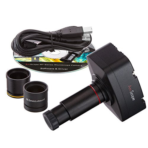 AmScope T490B-5MT Digital Compound Trinocular Microscope, WF10x and WF20x Eyepieces, 40X-2000X Magnification, Brightfield, Halogen Illumination, Abbe Condenser, Double-Layer Mechanical Stage, Sliding Head, High-Resolution Optics, Includes 5MP Camera with