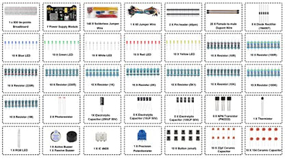 Electronic Breadboard Component,Electronic Fun Kit with 830 Tie Point Breadboard,Bundle,Power Supply,Jumper Wires,Resistors,LED for Arduino for Raspberry Pi