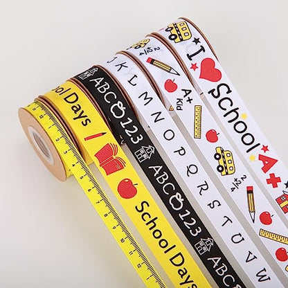 Meseey Back to School Themed Grosgrain Ribbon Ruler School Bus Apple ABC Pencil Backpack Books Chalkboard Printed Craft Ribbons for Teacher Appreciation,Wreath,Gift Wrapping (6 Rolls 30yards) - color: 6 Rolls 30 Yards