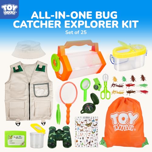TOY Life Kids Explorer Bug Catcher Kit with Safari Costume, Binoculars Kids Outdoor Toys, Bug Toys, Butterfly Net, Camping Set Outdoor Activities Adventure Kit Nature Exploration Gifts Kid Ages 3-12 - style: 25 PCS Dress-Up Explorer Set - Orange