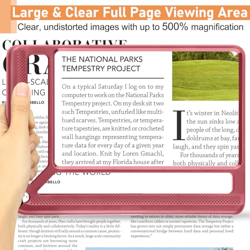 AKKYCVS 5X Full Page Magnifying Glass for Reading, Lightweight Rectangular Magnifier Provides Large Book Page Viewing Area, Handheld Magnifier for Reading Small Prints for Seniors, Low Vision-Red - color: Red