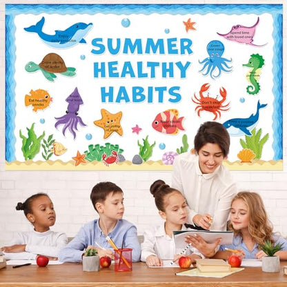Summer Healthy Bulletin Board Set Ocean Animals Health Habits Classroom Decorations Back to School Paper Cutouts Under the Sea Bulletin Board Borders for School Nursery Home Office Wall Door Decor - style: Summer Healthy