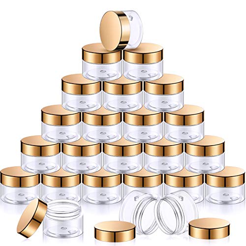 SATINIOR 24 Pieces Empty Clear Plastic Jars with Lids Round Storage Containers Wide-Mouth for Beauty Product Cosmetic Cream Lotion Liquid Butter Craft and Food (Gold Lid,1 oz) - color: Gold Lid, size: 1 oz