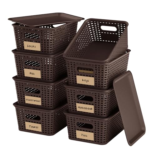 8 Pack Plastic Storage Baskets,Brown Stackable Bins with Lid - color: Brown