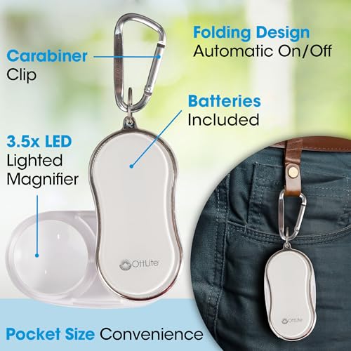 OttLite Pocket LED Magnifier with Carabiner Clip, White - color: White