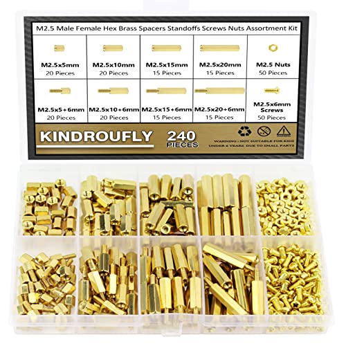 240 Pieces M2.5 Male Female Hex Brass Standoffs Spacers Screws Nuts Kit, Kindroufly Brass Standoffs Assortment Kit for PCB Motherboard - size: M2.5 Brass Standoffs