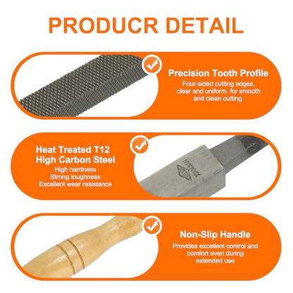 HARFINGTON 12" Square Bastard Cut File Double Cut Teeth Bastard Metal File High Carbon Steel T12 with Wood Handle for Metal Wood Finishing Roughing Shaping, Grey/Yellow