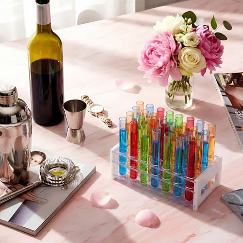 FoldTier 80 Pcs Neon Plastic Test Tube Shots for Liquor with Rack, 15 ml