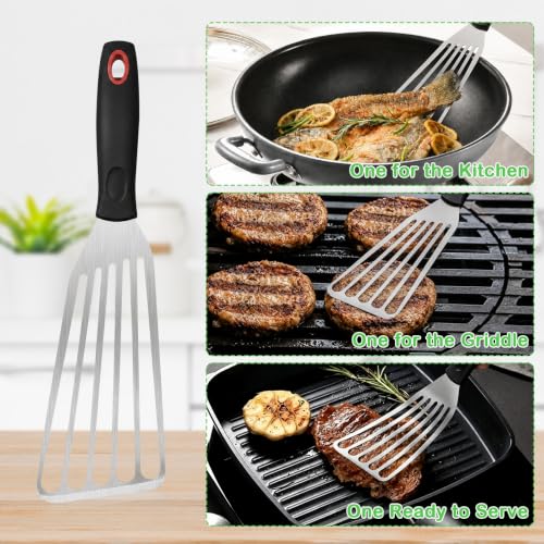 Fish Spatula Set of 3, Stainless Steel Slotted Turners with Thin Flexible Blades and Comfortable Handles for Cast Iron Skillets, Griddles, Fish, Eggs, Burgers and Pancakes