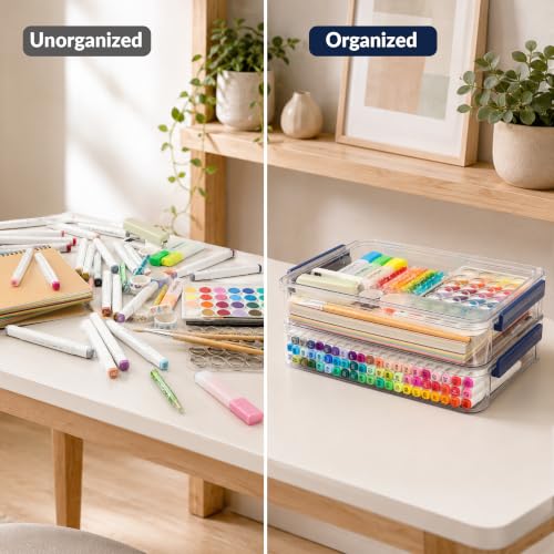 CATOOMUU 2-Pack 9x13 Clear Plastic Project Case Stackable Storage Box - color: Large-Blue-2-Pack