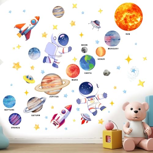Outer Space Wall Stickers for Kids: Peel and Stick Astronaut Planets Rocket Wall Decals - Wall Art Decor Kids Supplies Ages 1 2 3 4 5 6 7 8 9 10 11 12 Year - color: Outer Space