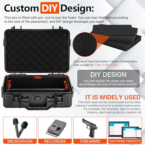 TORIBIO Hard Carrying Case with Foam, Shockproof Storage Box 14"x9.3"x3.5" - size: 14" x 9.3" x 3.5"