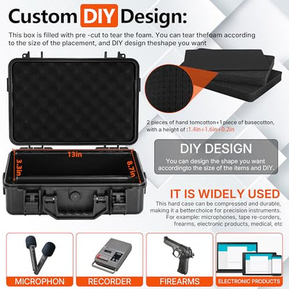 TORIBIO Hard Carrying Case with Foam, Shockproof Storage Box 14"x9.3"x3.5" - size: 14" x 9.3" x 3.5"