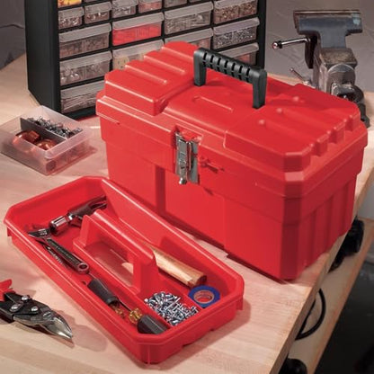 Akro-Mils 14-Inch Plastic Toolbox with Removable Tray, Steel Latch & Padlock Eye, Industrial-Grade Tool Box for Tools, Crafts, First Aid & Hobby Supplies, 14" x 8" x 8", Made in USA, Red (09514) - color: Red
