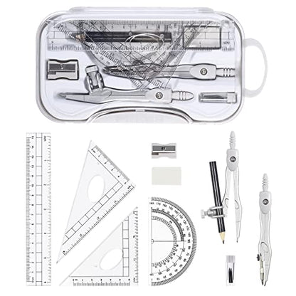 Vobou 10 pcs Math Geometry Set Student Supplies,Compass Kit Set (Grey） - color: White