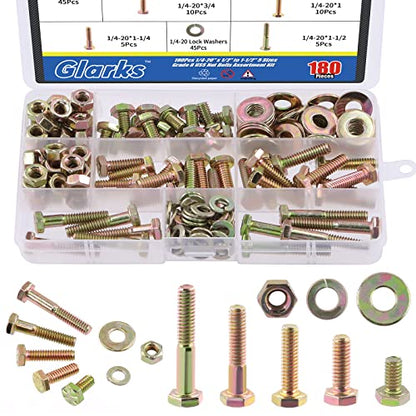 Glarks 180Pcs 1/4"-20 Grade 8 Coarse Thread Hex Bolts Nuts Screws Washers Assortment Kit, 5 Size 1/2", 3/4", 1", 1-1/4", 1-1/2" Hex Head Cap Screws and Hex Nuts Flat Washers Lock Washers Set