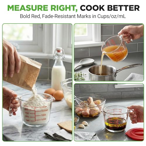 NutriChef 2 Cups Glass Measuring Cup with Lid (19 oz) - Heat-Resistant Borosilicate Liquid Measure Cup with Easy-Read Scale for Cooking, Baking and Food Storage, Dishwasher and Freezer Safe - size: 2 cup with lid