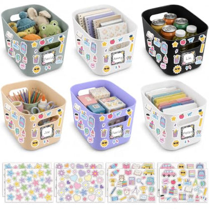 6 Pack Large Plastic Book Bins for Classroom with Composition Label Stickers Large Stackable Toy Storage Baskets Boxes Book Storage Bins for Back to School Library Home Office Organization Supplies
