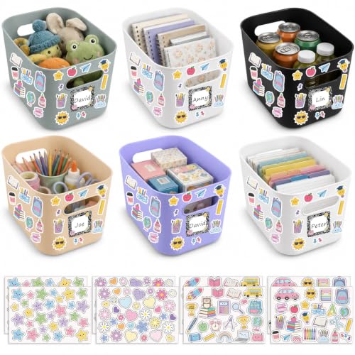 6 Pack Large Plastic Book Bins for Classroom with Composition Label Stickers Large Stackable Toy Storage Baskets Boxes Book Storage Bins for Back to School Library Home Office Organization Supplies