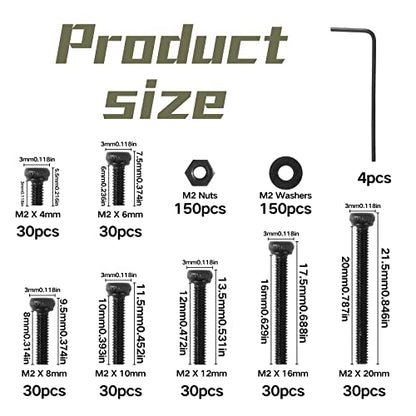 510 Pcs M2 Socket Cap Screws Metric Hex Bolt Nuts Washers 12.9 Grade Alloy Steel Screw Hex Socket Head Cap Small Machine Screws Kits with Wrench Key