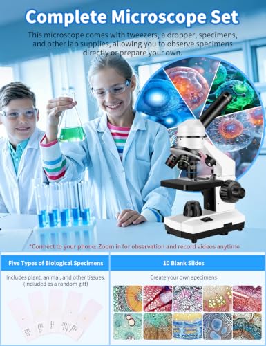 Microscope for Adults,WF10x/25x Eyepieces,40x–2000x Magnification,Up/Down LED,Comes with a Free Experiment Kit & Phone Adapter.Suitable for Students Home and School Lab