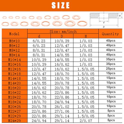 360PCS Crush Washer Oil Drain Plug,18 Sizes Copper Crush Washers Assortment Kit,Automotive Oil Pan Drain Plug Gasket M6 M8 M10 M12 M14 M16 M18 M20 M22 M24 - size: 360