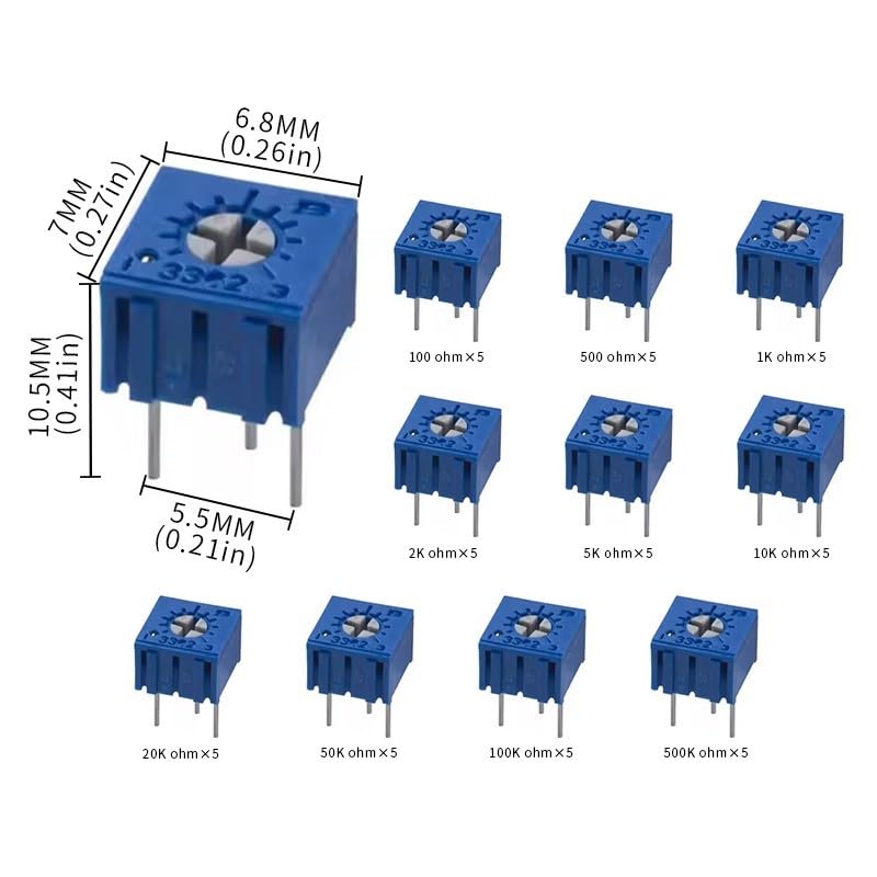 50Pcs 3362P Potentiometer Trimmer Variable Resistor 100ohm-500K Kits
