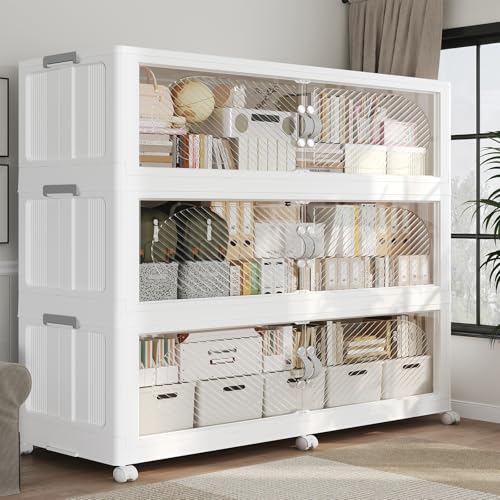 960QT Extra Large Stackable Storage Bins with Lid, 240Gal Plastic Closet Organizers and Storage Drawer, Collapsible Cabinet Box with Wheels Clear Doors for Home Kitchen Garage, 3Pack White - color: White, size: 320QT-3Pack