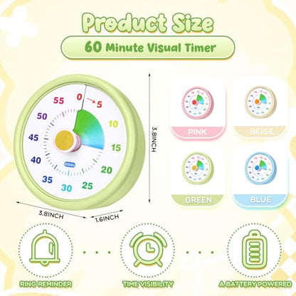 Amazingspark Visual Timer 60 Minute, Classic, Blue,Pink,Yellow,Green, 4 Pcs - color: Blue,pink,yellow,green, size: Classic