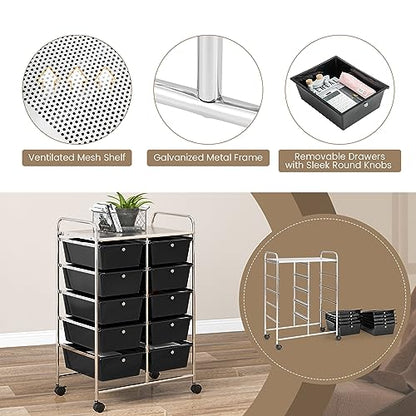 COSTWAY 10 Drawer Rolling Storage Cart, Utility Cart with Lockable Wheels - color: Black, size: 10 Drawer