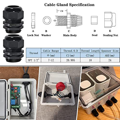 Zulkit Junction Box ABS Plastic Dustproof Waterproof IP65 Electrical Boxes Hinged Shell Outdoor Universal Project Enclosure Clear Cover with 2 Cable Glands 5.9 x 3.9 x 2.8 inch (150x100x70 mm) - size: 5.9" x 3.9" x 2.8"