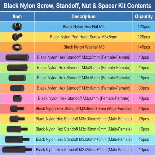 EEEEE M3 Black Nylon Standoff Screws Spacers Nuts for Motherboard & PCB Mounting Hardware Circuit Board Assortment kit (600pcs) 6mm 10mm 15mm 20mm 25mm