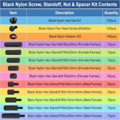 EEEEE M3 Black Nylon Standoff Screws Spacers Nuts for Motherboard & PCB Mounting Hardware Circuit Board Assortment kit (600pcs) 6mm 10mm 15mm 20mm 25mm