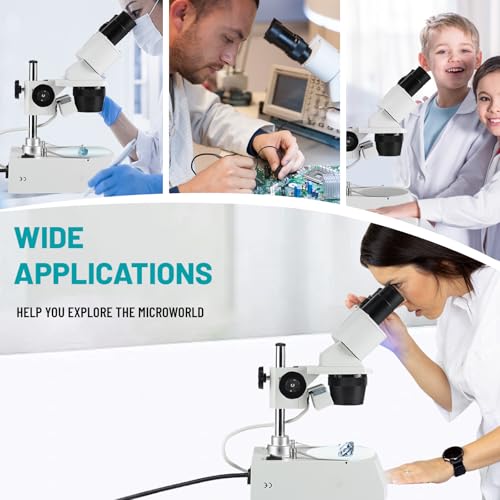 Stereo Microscope，Binocular Microscope, WF10x and WF20x Eyepieces, 10X-80X Magnification, Upper and Lower LED Light Source, Pillar Stand,120V Power Supply and Lithium Battery