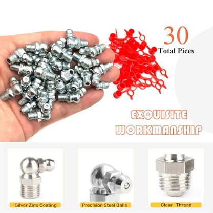 30Pcs 1/4"-28 Straight 45 90 Degree Grease Fitting Assortment Kit with Grease Zerk Fittings Caps, Galvanized Steel Hydraulic Grease Zerk for Industrial and Agricultural Machinery Cars Ships ets - size: 1/4"-28-30 Pcs