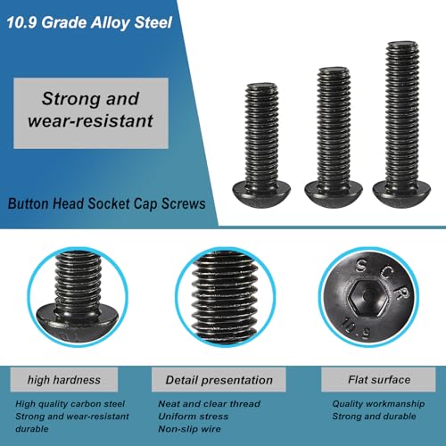 M4 x 8mm 10mm 12mm 16mm 20mm Button Head Socket Cap Screws Bolts, 10.9 Grade Alloy Steel, Black Oxide Finish, Metric Allen Hex Drive, Fully Threaded, Assortment Kit 100Pcs - size: Button M4x8-20 mm