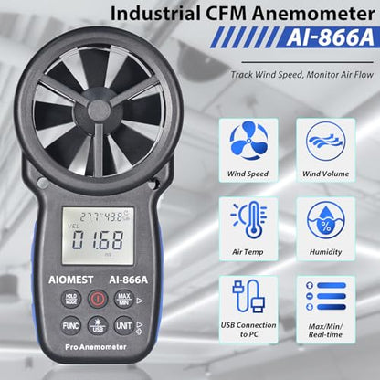 HVAC CFM Anemometer 90Mph, AIOMEST Handheld Air Flow Velocity Meter 866A